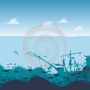 Silhouette of fish and algae on the background of reefs. Underwater ocean scene. Deep blue water, coral reef and underwater plants